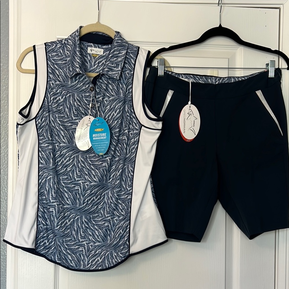 NWT Greg Norman Blue and White Sleeveless Top Large and Shorts size 8 Golf Set